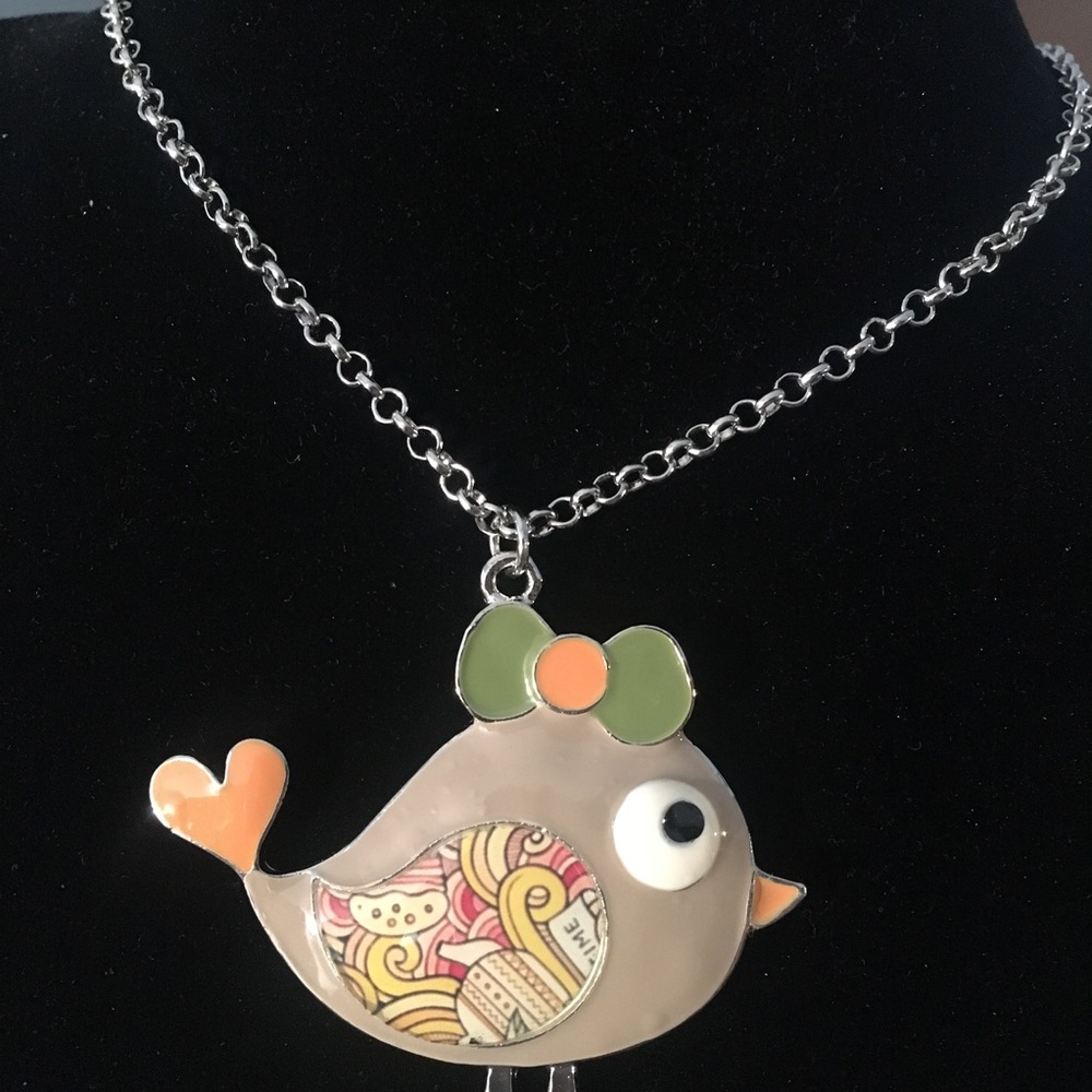 3/$25 Long Enameled Beige Bird Pendant Necklace